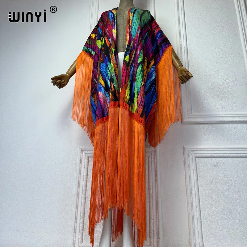 WINYI kimono beach cover-ups boho print summer outfits for women Elegant fashion Cardigan sexy Holiday tassels long down dress