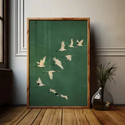 Emerald Green Cranes Poster Gold Accents Japanese Large Bird Artwork Canvas Painting Wall Art for Living Room Home Decor Gift