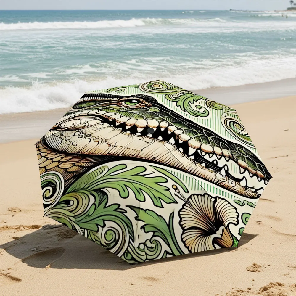 Artistic Crocodile and Floral Design Umbrella Compact Fashion Folding Umbrella for Daily Use, Christmas Gift