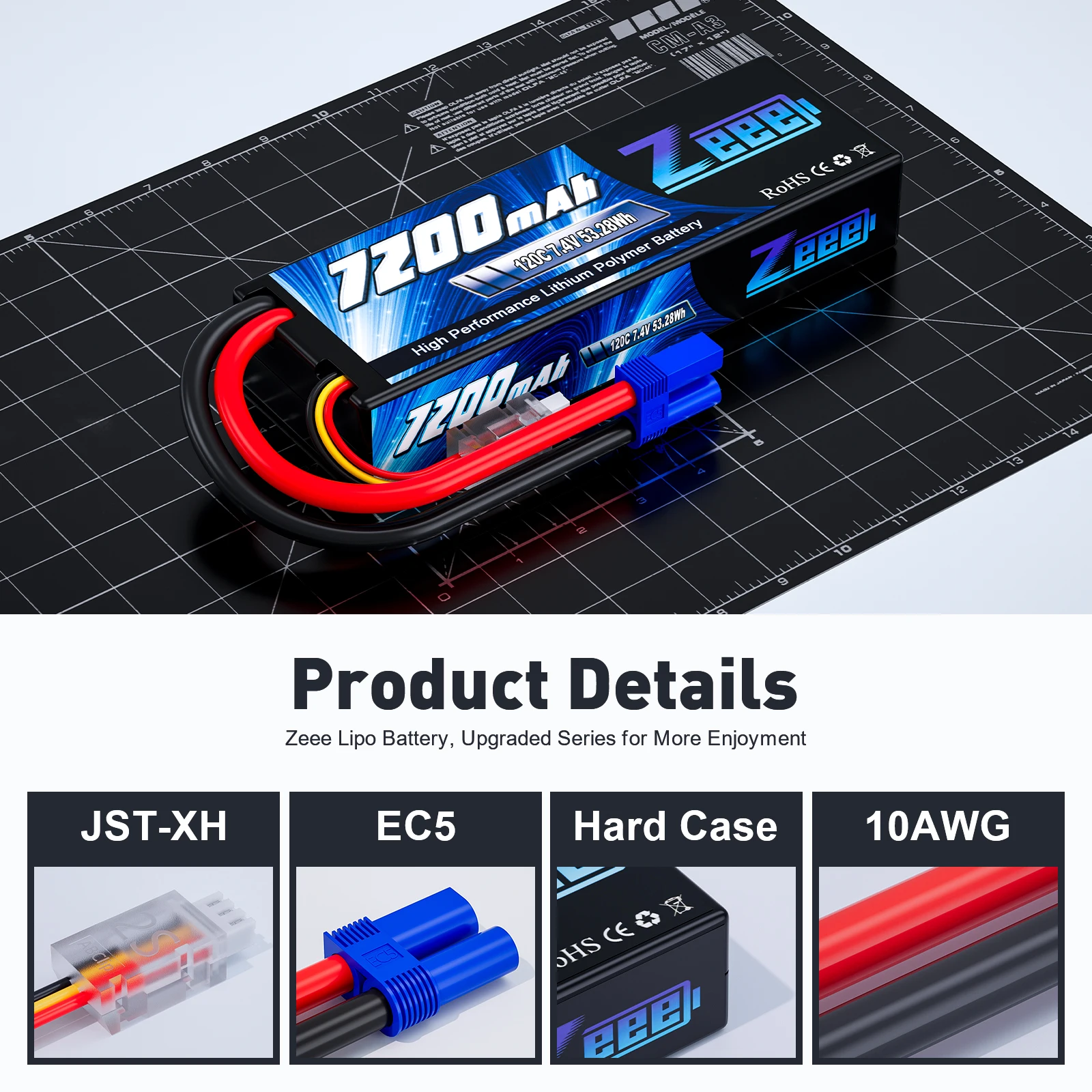 Zeee 2S Lipo Battery 7200mAh 7.4V 120C Hardcase with EC5/3 Plug for RC Car Truggy Buggy Vehicles Tank Airplane RC Models Parts