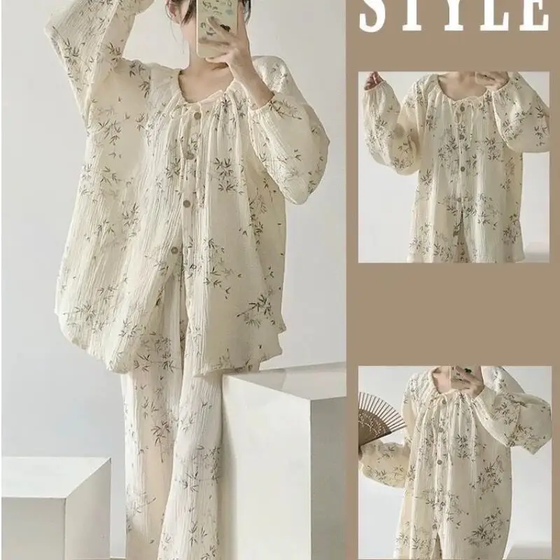 

Woman Cardigan Pajamas Sets Girl Kawaii Simple Loose Long Sleeves Pants Leisure Wear Four Seasons Clothes Thin Sleeping Wear New