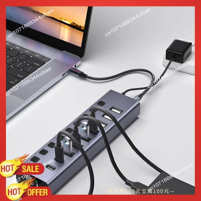 

B47C 9-дюймовый USB-концентратор C, алюминиевый порт, USB 3,0, разветвитель данных для телефона/ноутбука, индивидуальные переключатели включения/выключения для ПК, ноутбука, вилка стандарта США