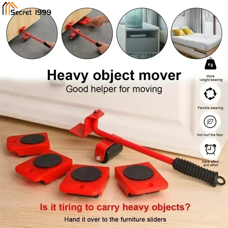 5pcs/set Furniture Moving Transport Roller Set Lifting Moving Tool Set Wheel Bar Mover Professional Heavy Stuffs Moving Tool