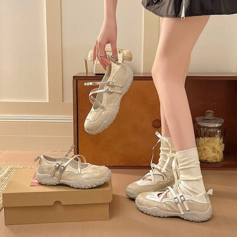 Women's Mary Jane Sneakers Round Toe Chunky Sole Criss Cross Strap Double Buckle Glossy Finish Casual Walking Office Footwear