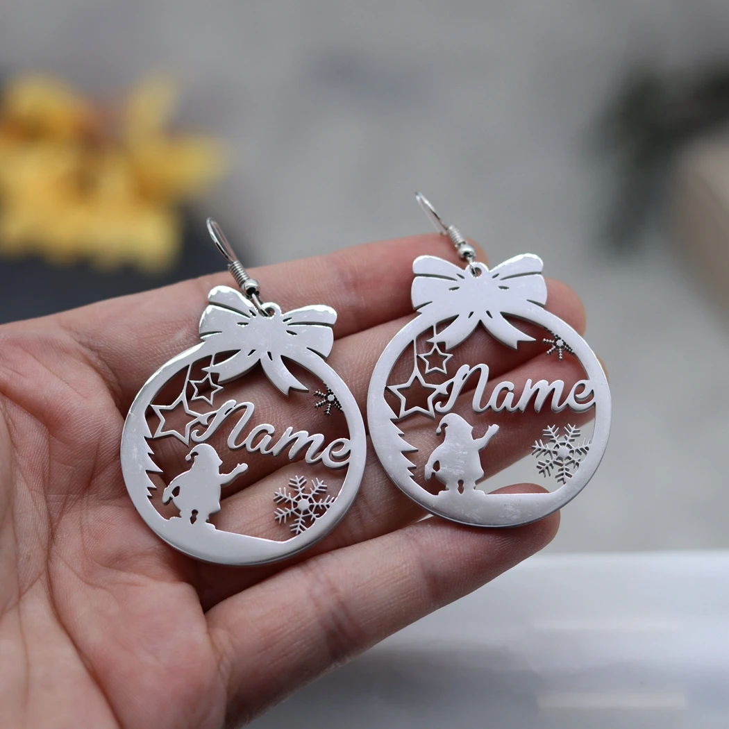 

QIMING Customized Name Santa Claus Drop Earrings Stainless Steel Personalized Earrings For Women Jewelry Christmas Gift
