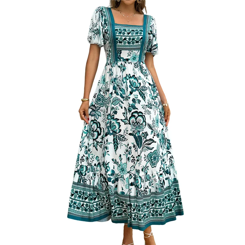 ABRT-Abito lungo fluido casual a strati con stampa floreale Boho a maniche corte estivo 2025 da donna