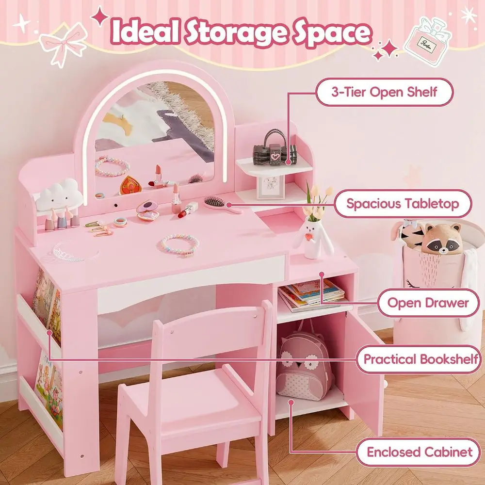 MU Kids Vanity with Lights, PrincMakeup Vanity Desk with Open Bookshel, Storage Cabinet & Shelves, 2 in 1 Toddler Vanity Table &