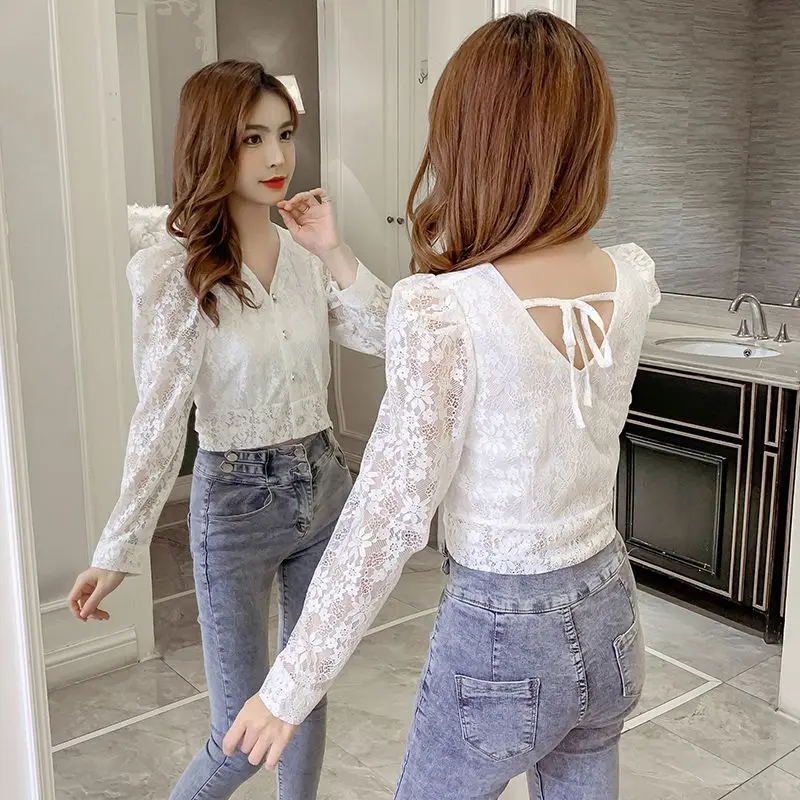 Elegant V-Neck Lace Button Lace Up Hollow Out Shirts Women\'s Clothing 2023 Autumn Winter Loose Sweet Tops Puff Sleeve Blouses