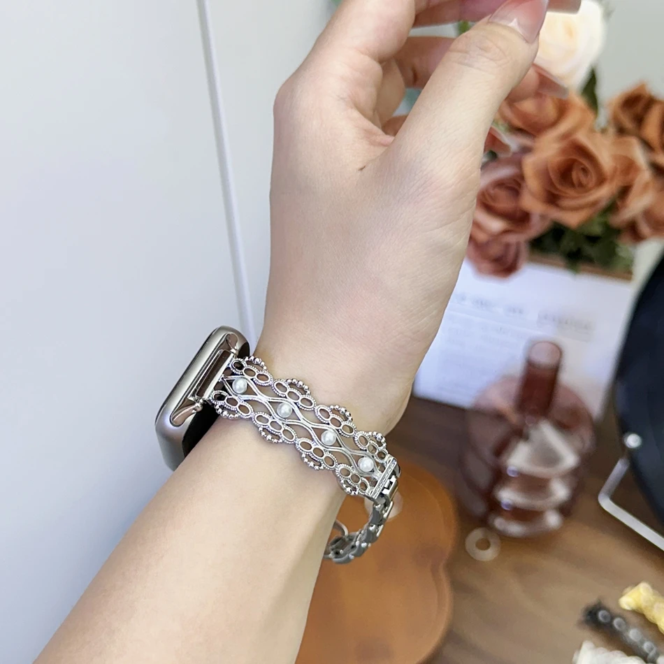 حزام لشاومي Mi Band 10 9 8 Pro حزام الساعات لـ Miband 8Pro 9 Pro موضة الجوف الدانتيل اللؤلؤ سوار المرأة النحاس معصمه #5