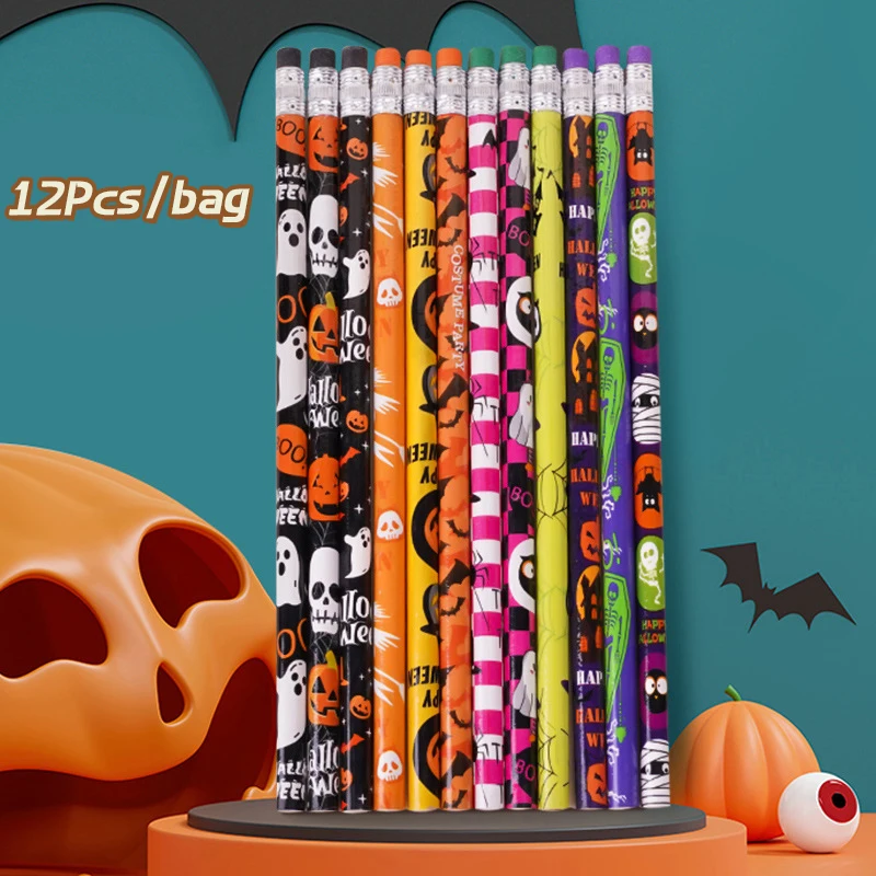 12Pcs Christmas Wooden Pencils Kids Halloween Party Favors Trick Or Treat Gifts Pumpkin Ghost Writing Stationery