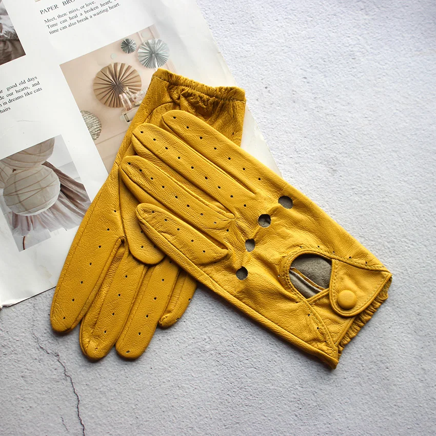 Women's Summer Full Finger Leather Gloves Breathable Single-Layer Sheepskin Fashionable Short Motorcycle Riding Gloves