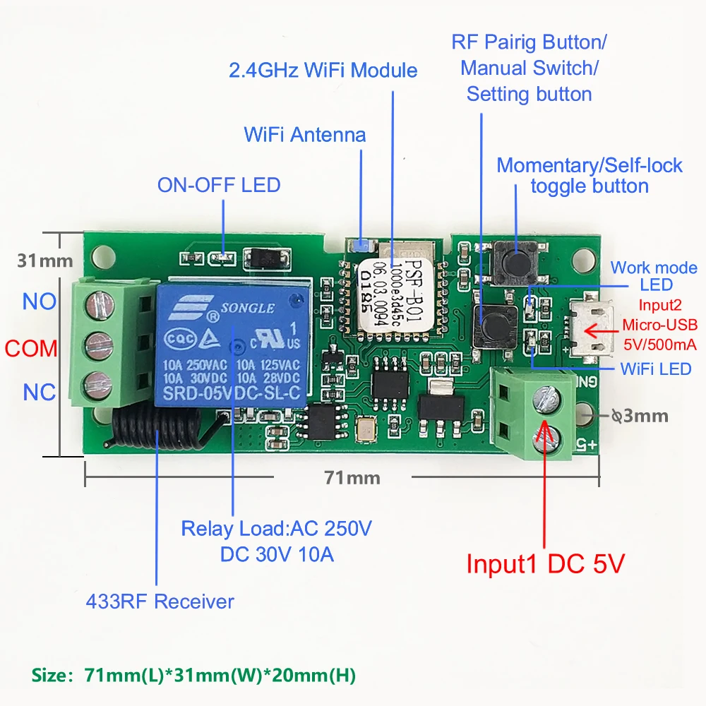 1/2/5pcs 1 Channel Relay RF Wifi Wireless Switch Inching Self-locking 5V EWelink APP Control Work with Alexa Google Home IFTTT