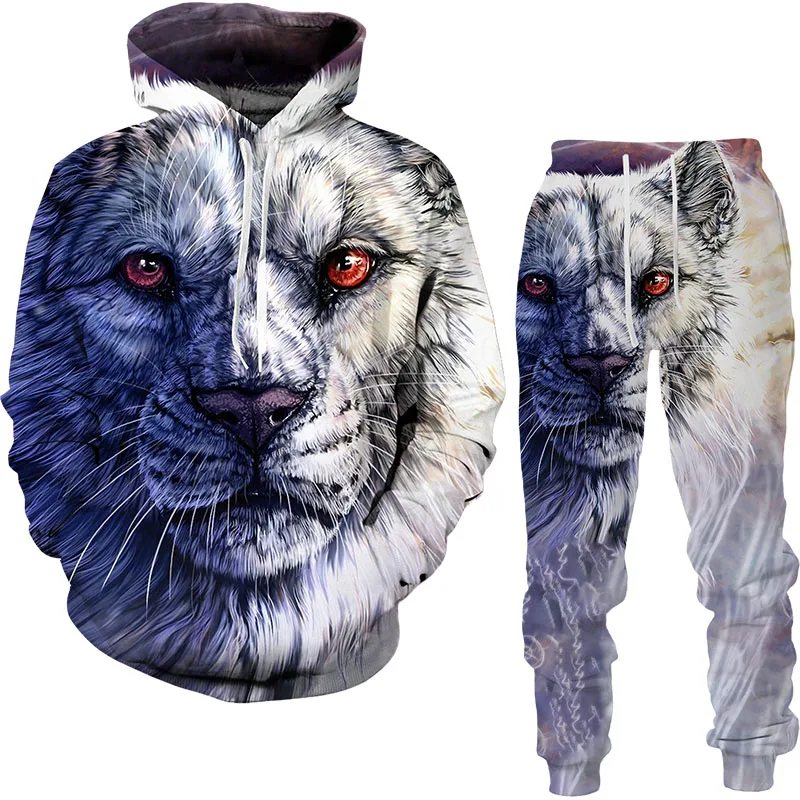 Conjunto de Sudadera con capucha y pantalones para hombre y mujer, chándal informal con estampado 3D de tigre del bosque, ropa de 2 piezas