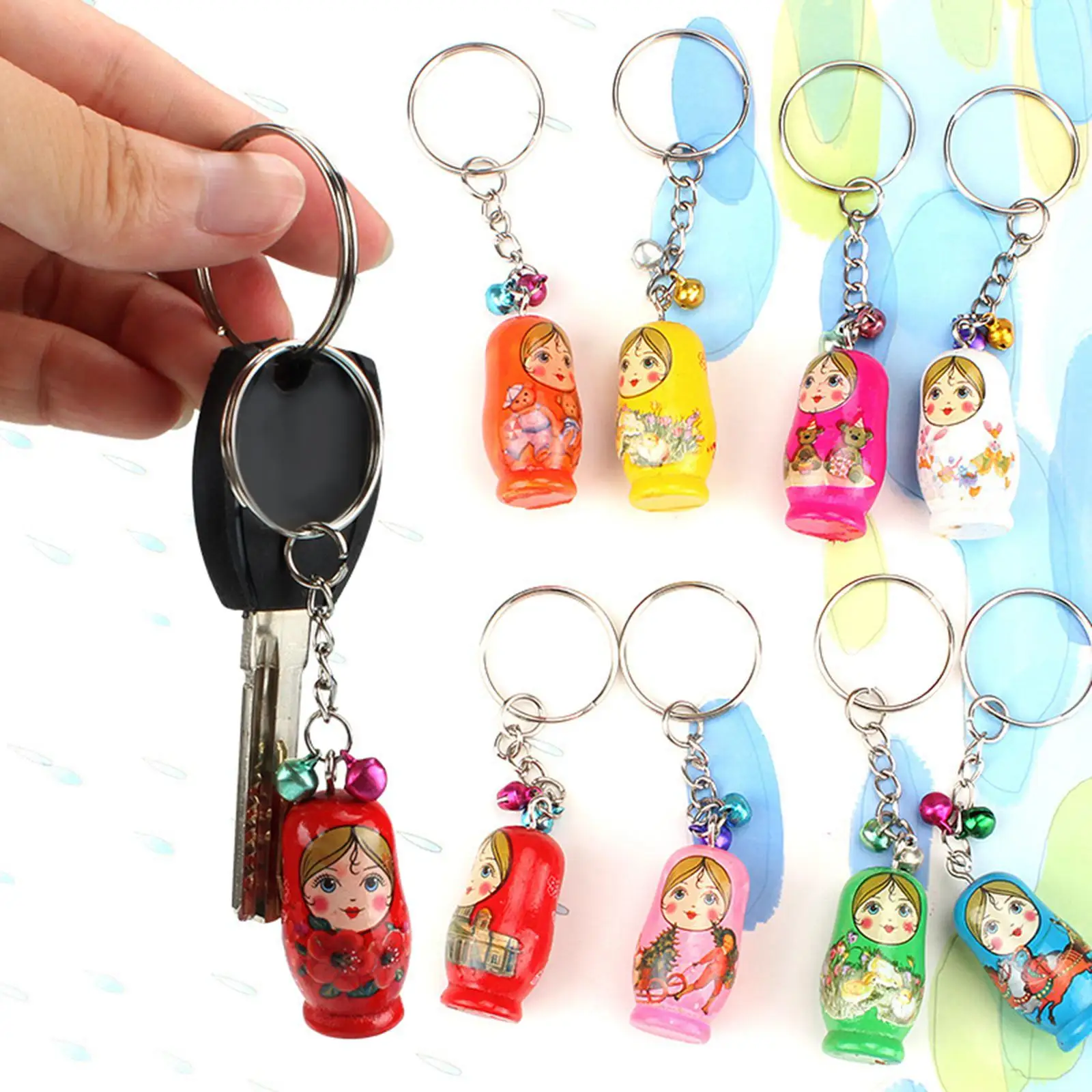 12x Wooden Stacking Dolls Pendant Wood Matryoshka Russian Dolls Key Rings Charms for Bags Unisex Purse Men Backpack