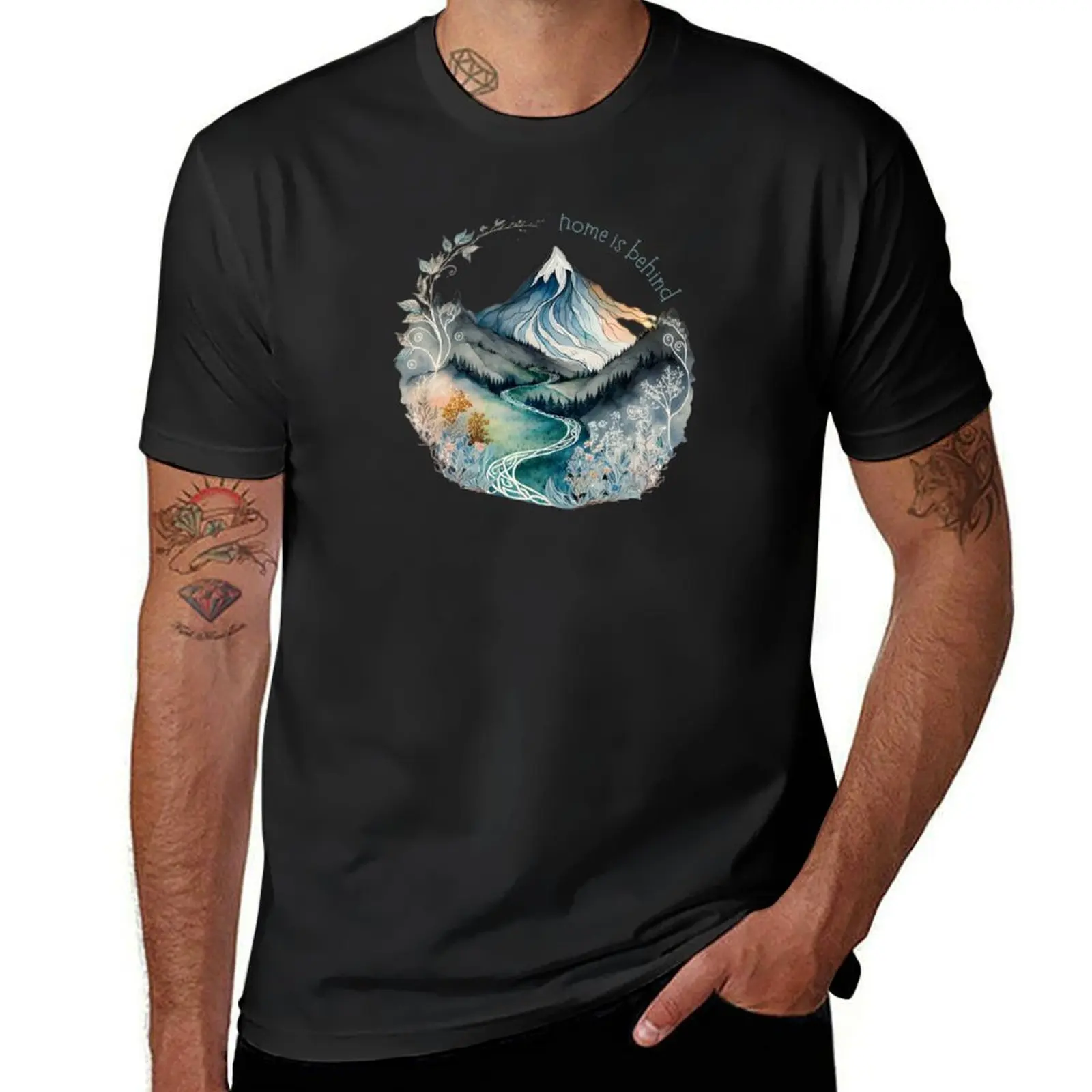 Home Is Behind - Lonely Mountain - Watercolor Art - White Fantasy T-Shirt Blouse cute tops boys animal print mens clothing