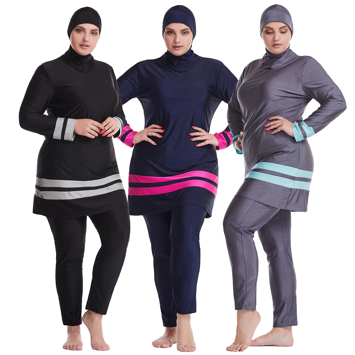 XL-6XL Muslim Lady Color-matching Long Sleeves Round Collar Modest Swimming Clothing Arab Women 3 PCS Full Cover Swimsuits