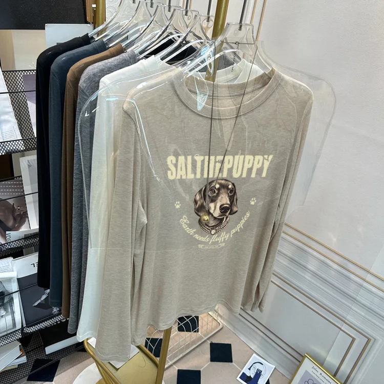 

American Style Long Sleeve round Neck Dog Print T-Shirt Women's Slim Fit Base Layer Shirt Spring Autumn New Arrival