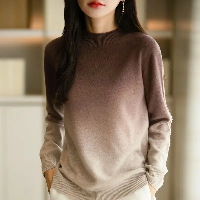 Autumn Winter New Semi High Neck Knitted Pullovers Thick Base Women\'s Clothing Gradient Color Loose Stylish All-match Sweaters