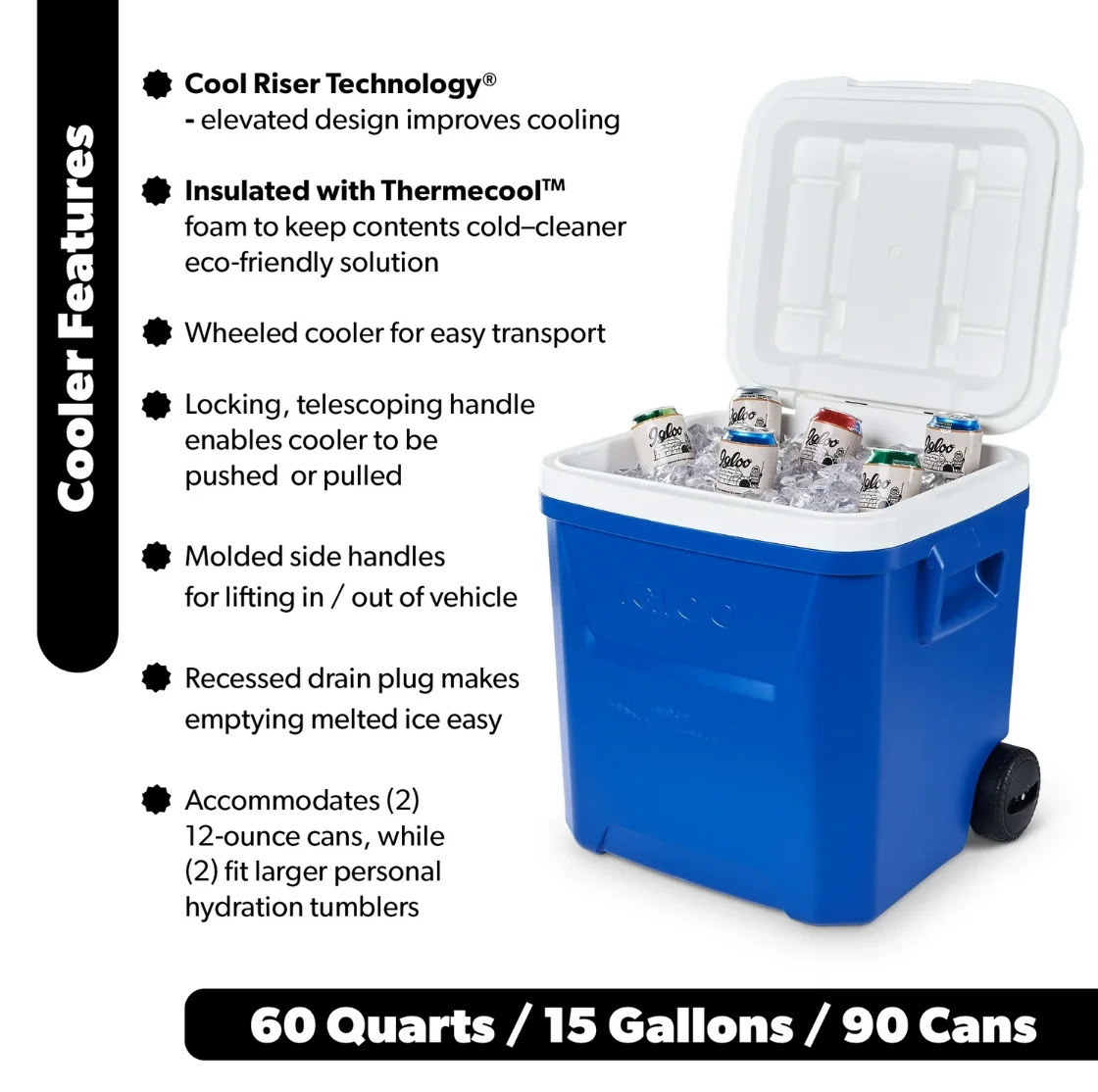 60 QT Blue Laguna Wheeled Hard Sided Ice Chest Cooler Long Lasting Ice Retention Large Capacity Portable Rolling Cool Box With Pull Handle And Wheels Stain Resistant Interior Perfect For Camping Fishing Beach Picnic Outdoor BBQ Travel Food Drinks Storage view 4