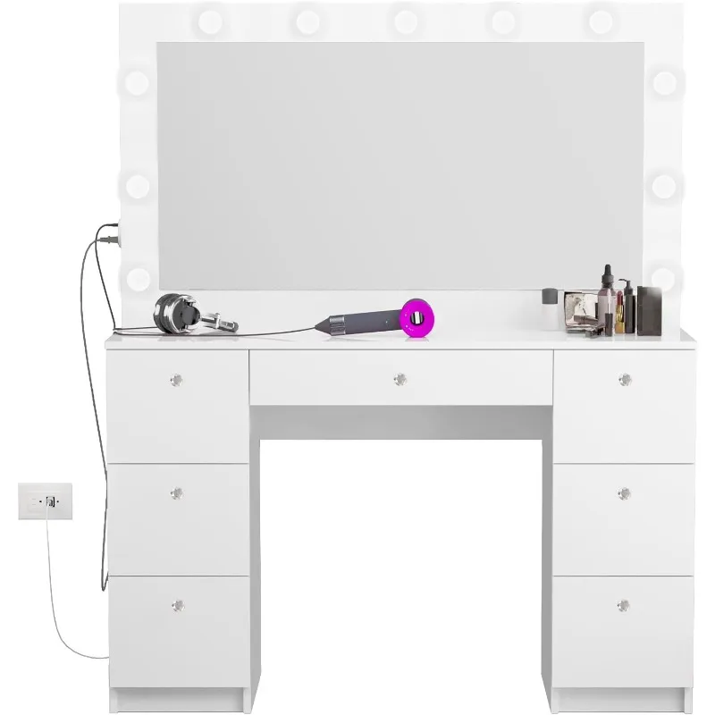 

Boahaus Yara Makeup Vanity Desk with Vanity Mirror with Lights, 7 Drawers, Non- Glass Top Vanity,Vanities Benches