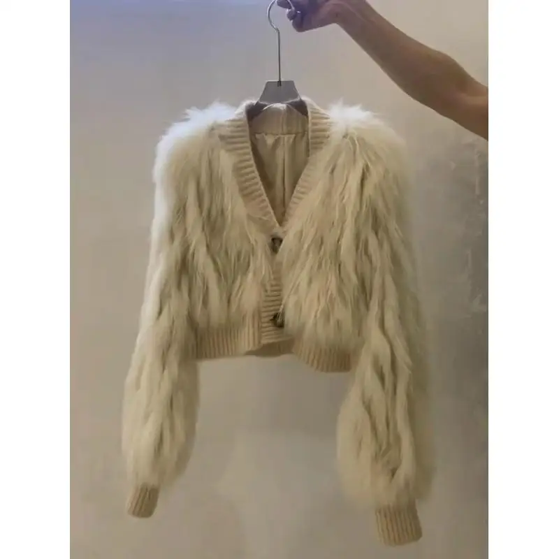 Women Faux Fur Cropped Jacket V Neck Ribbed Knit Trim Long Sleeve Fluffy Warm Winter Shaggy Fur Coat Outerwear