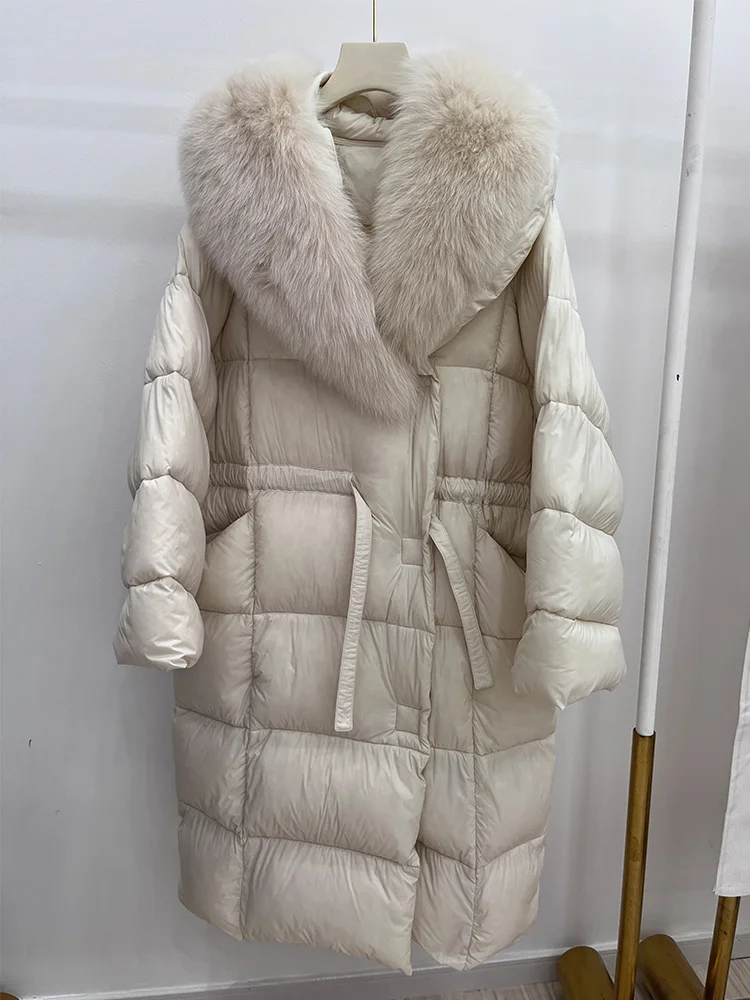 Neue Mode Winter frauen Mantel Gans Unten Mit Echt Fox Pelz Kragen Lange Jacke Volle Ärmel Dicke Warme Luxus weiblichen Mantel