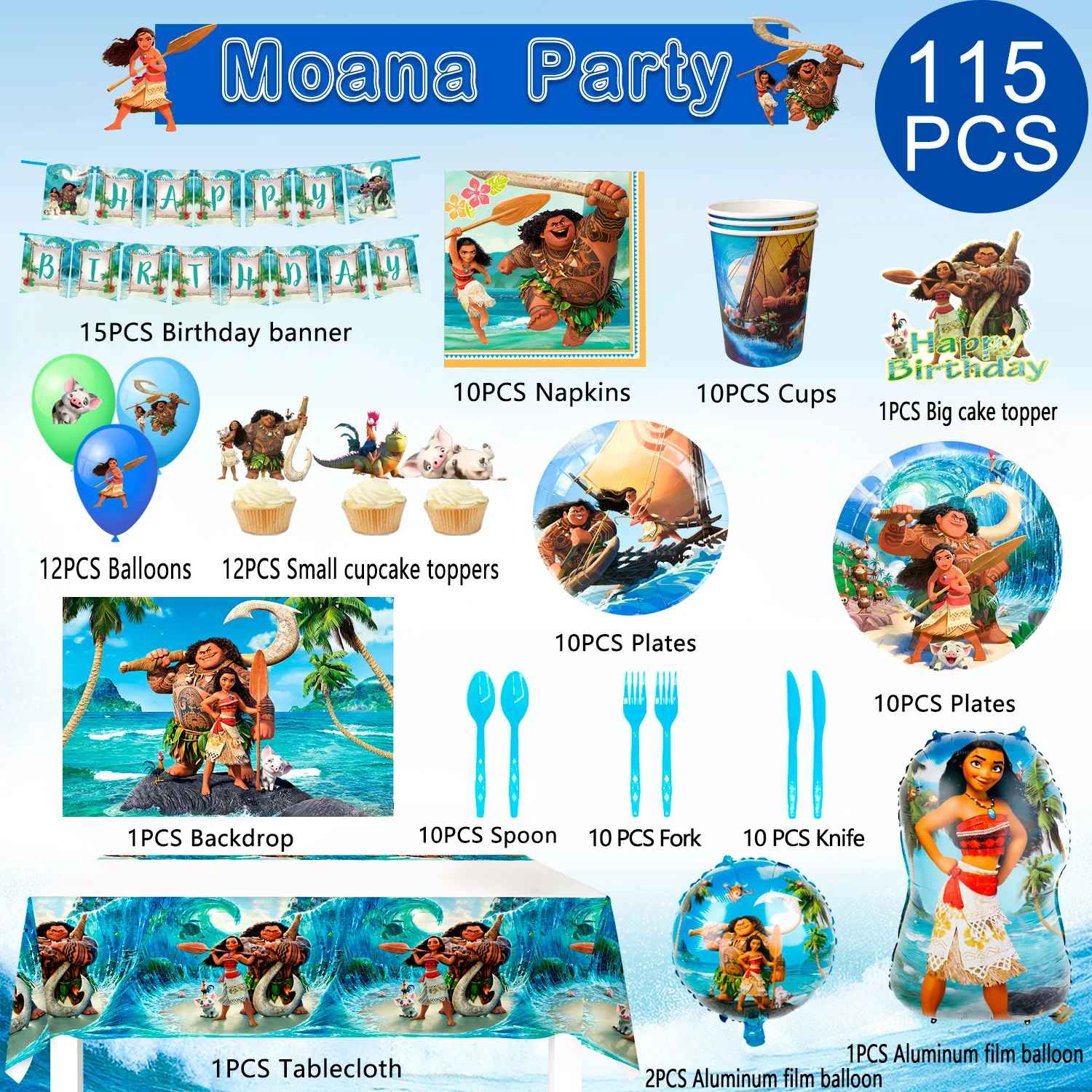 Moana Birthday Party Supplies,115pcs Decorations and Tableware Set-Moana Plates and Napkins Cups Table Cloth Banner Backdrop etc