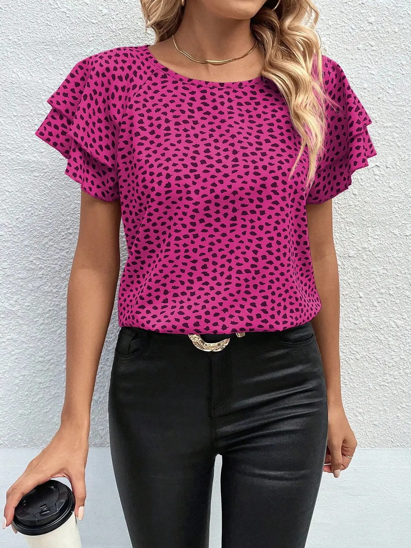 

Pink Leopard Print Butterfly Sleeve Blouse For Women