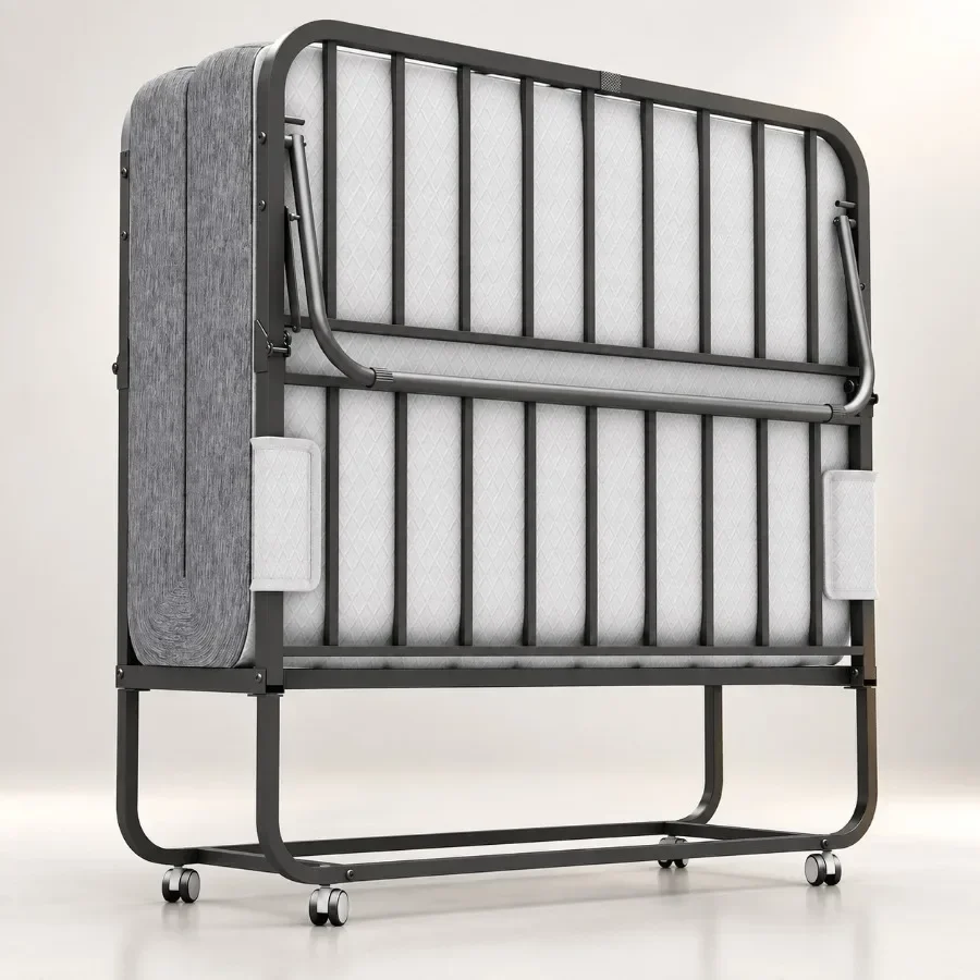 Hospital/school/living room folding bed, steel frame, gray, sturdy large-size 75''x46'' rollaway with included mattress for com