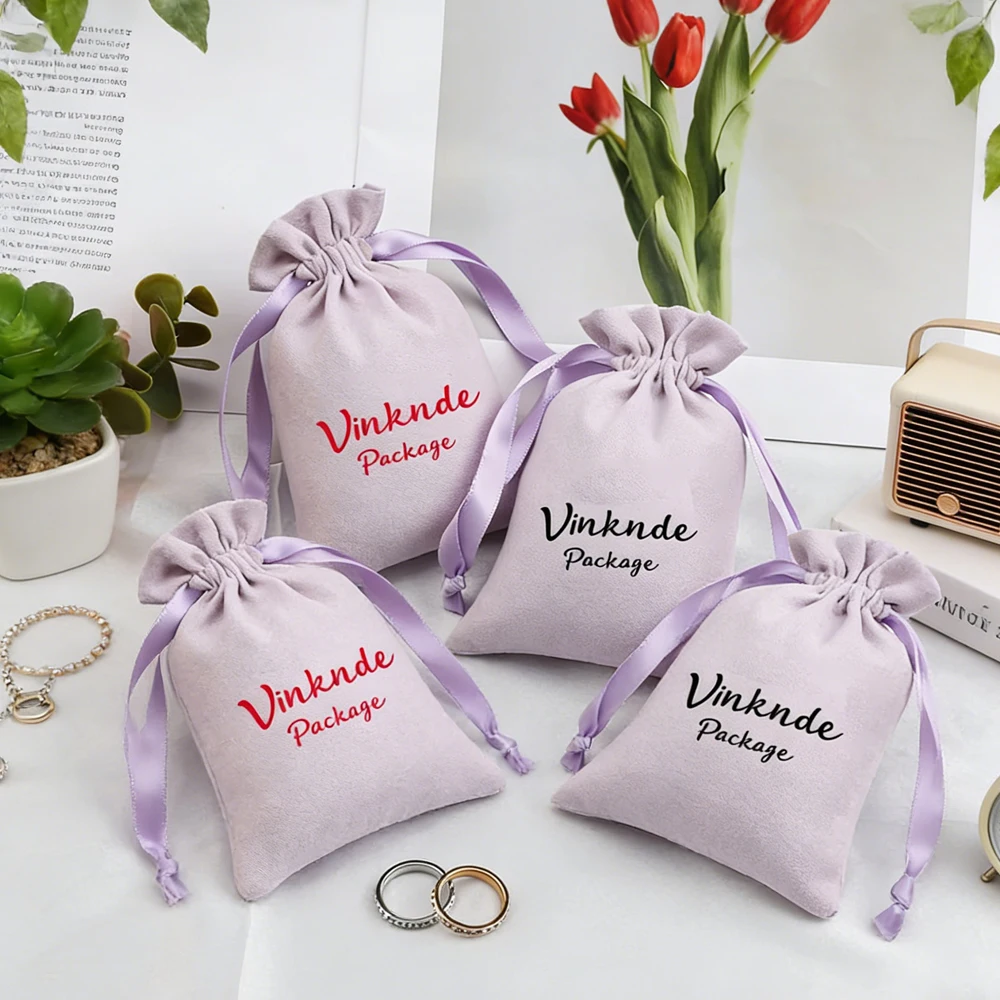 

100pcs Purple Flannel Drawstring Bags Luxury Jewellry Gift Pouches Custom Logo Velvet Packaging Rings Earrings Organizer Bag