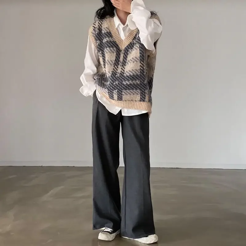 

Winter New Plaid Knit Cardigan VNeck Loose Korean Style Vintage Artistic Vest for Women Students Outerwear Trendy Harajuku