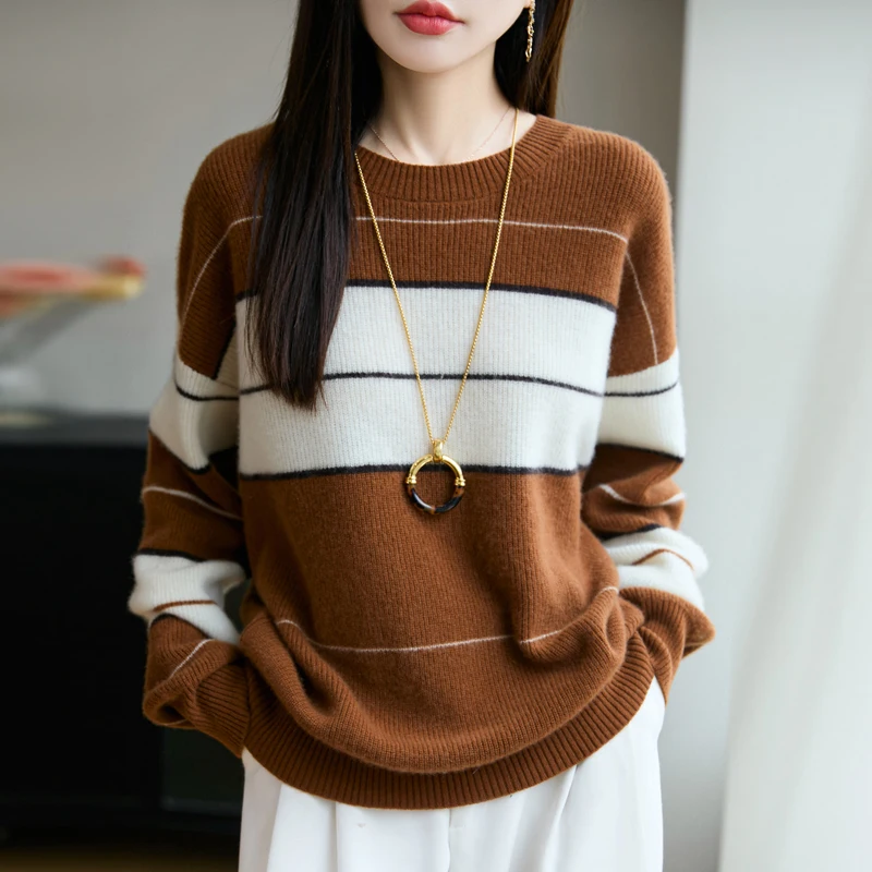 

100% Wool Women Sweater Color-blocking Pullover Autumn Winter Knitted Loose Striped O-neck Long Sleeve Elegance Sweet New