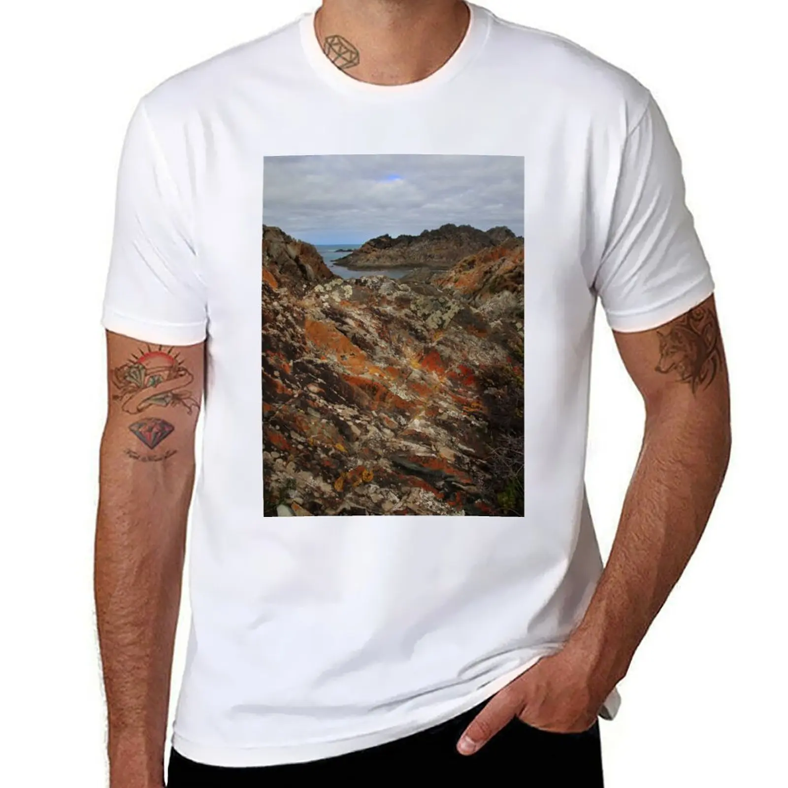 

lichen covered outcrops at Sarah Ann Rocks (Tasmania) T-Shirt man t shirt cotton T-Shirt
