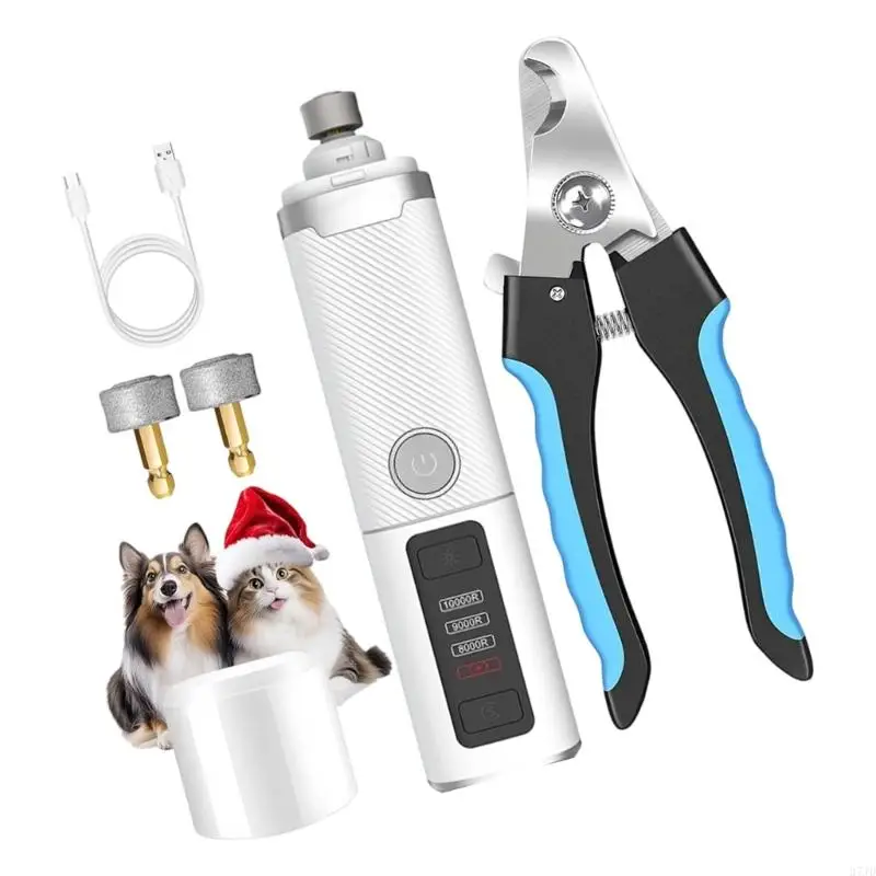 Routine Pet Care Device with LED Light, USB Rechargeable Three-Mode Filing Set, Cutter and 2 Filing Attachments for Regular Use