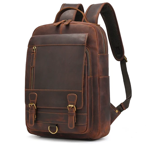 Mochila de cuero Crazy Horse para hombre, bolso de cuero genuino para ordenador portátil, mochila de viaje para hombre, bolso de piel de vaca gruesa