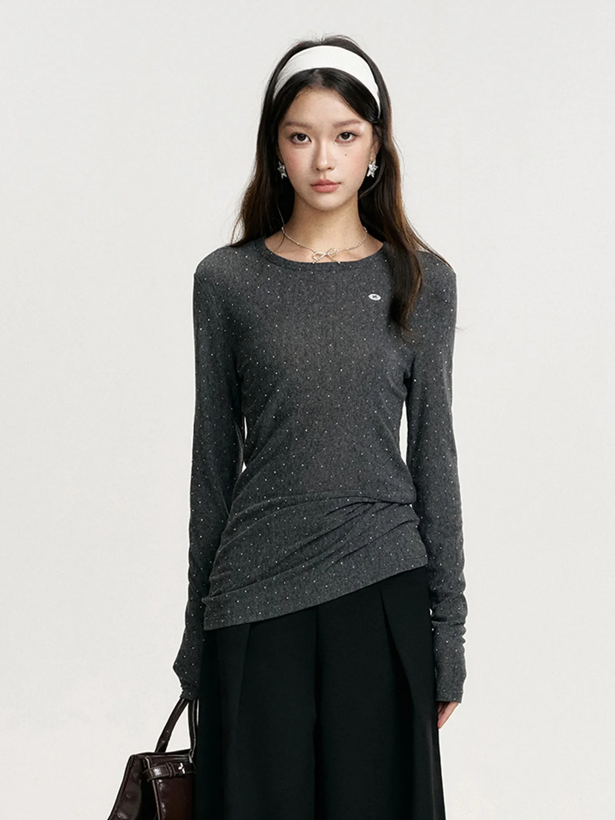 

Женский облегающий топ с круглым вырезом, украшенный стразами, с длинными рукавами, весенний, модный, универсальный, корректирующий фигуру, нижнее белье