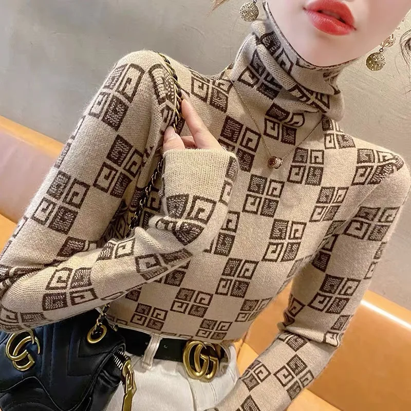 Women Turtleneck Vintage Jacquard Slim Sweaters Early Spring Fashion Chic Casual Soft Knitted Pullovers Y2k Knitwear