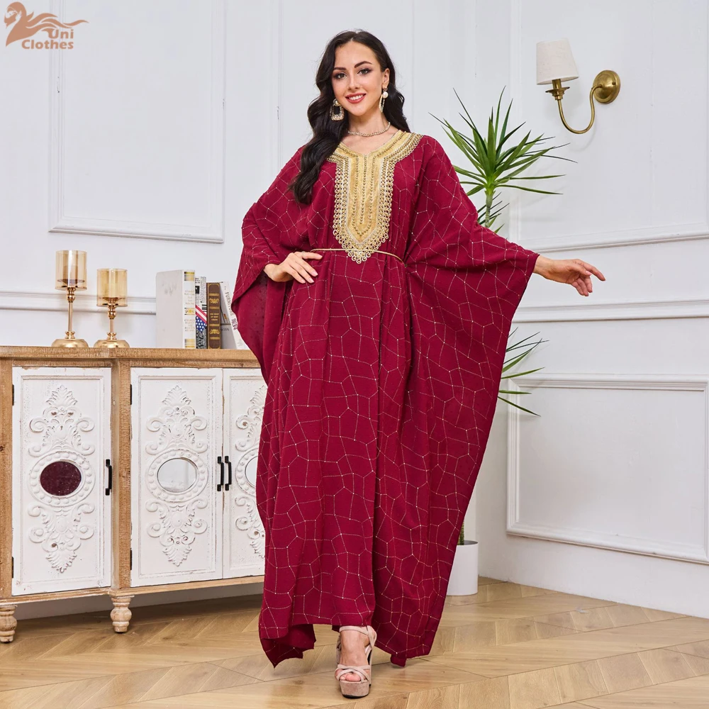 

Fashion Long Dress Dubai Abayas For Female Beading Batwing Sleeve V-Neck Belted Clothing Elegant Muslim Costumes Woman