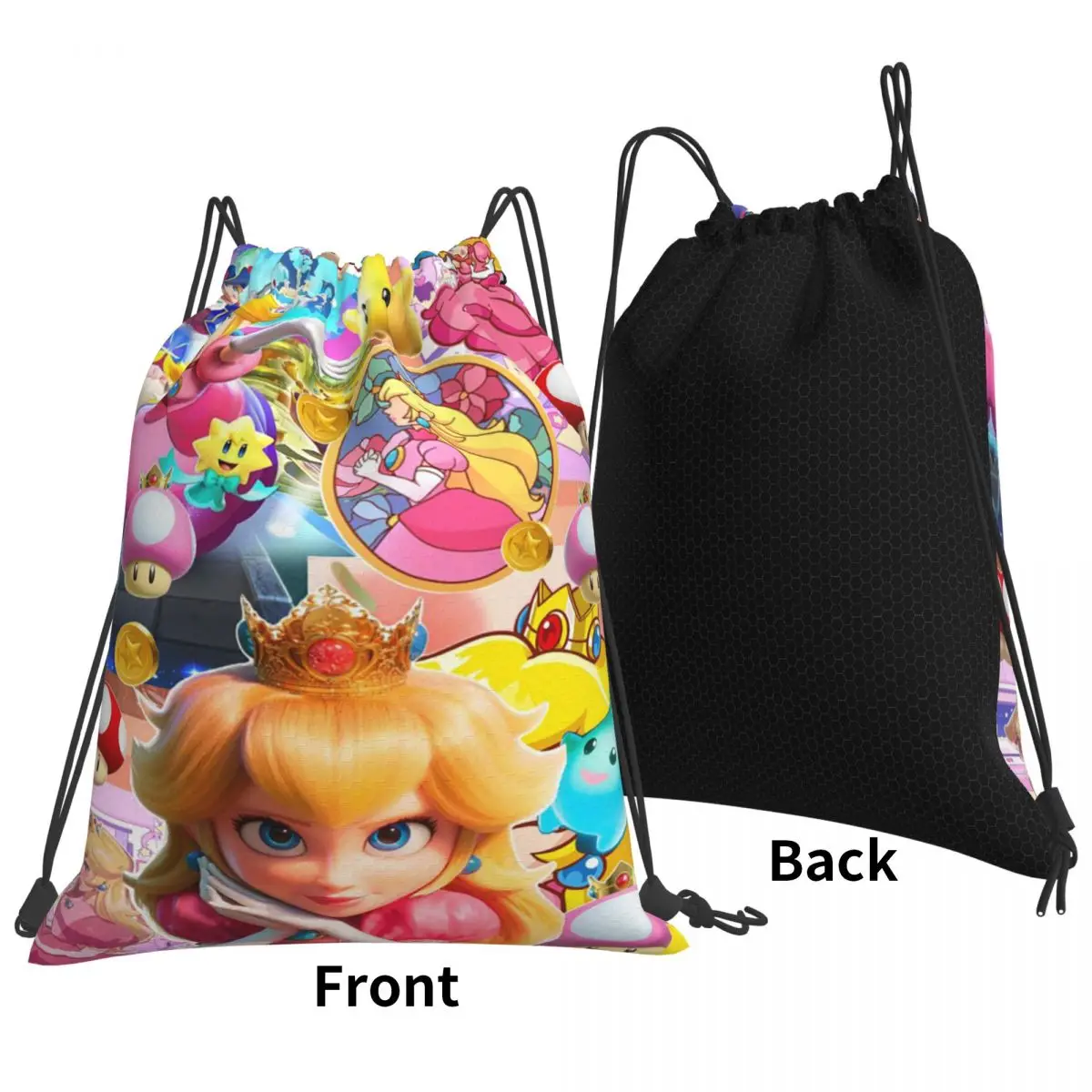 Girls Peach Princess Print Backpacks Casual Drawstring Bags Storage Bag Book Bags for Travel Students