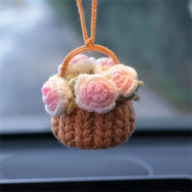 Cute Car Accessories,Car Mirror Decor Knitted Flower Baskets Car Rearview Mirror Handmade Crochet Pendant Ornament Gift Bonsai