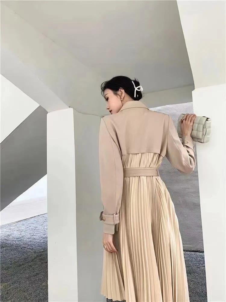 lingzhiwu Top Quality Dresses Female Trench Dresses French Design Pleated Long Elegant New Arrival