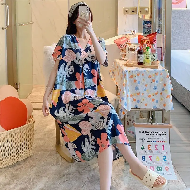 Summer Nightgown Women Cotton Sleepwear Short Sleeve Dresses Night Gown Print Homewear Loose Korean Fashion Dress New