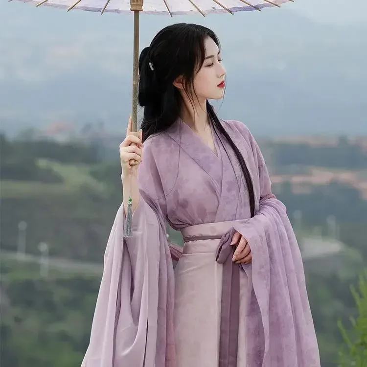 

Hanfu Female Wei Jin Made Han Element Cross Collar Large Sleeve Shirt Printed with Chinese Style Eight Broken Skirt Purple