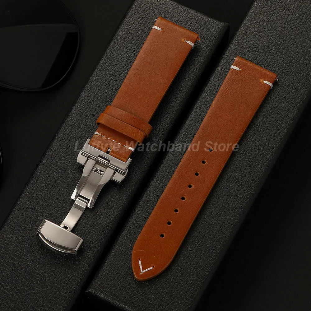 18mm 20mm 22mm Ölwachs-Leder Uhrenarmband mit Schnellverschluss-Federsteg und Schmetterlingsverschluss Langlebiges Rindsleder Herren-Armband