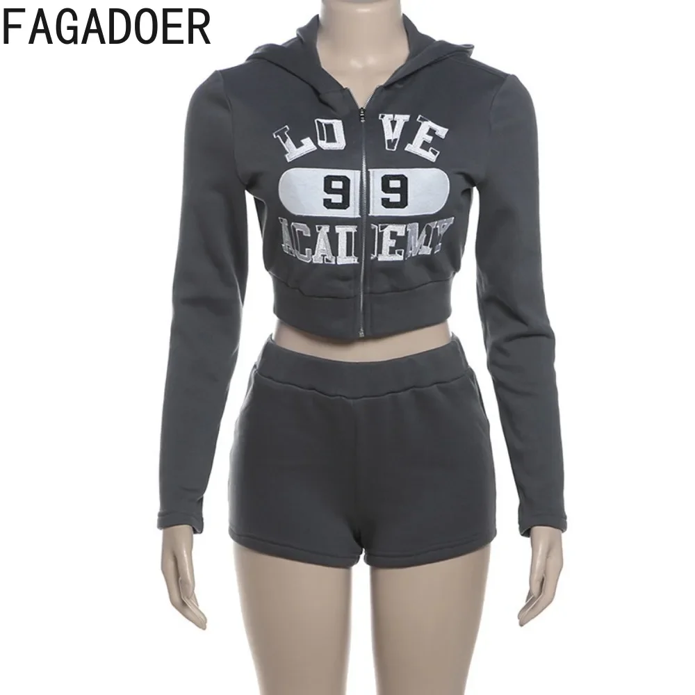 FAGADOER Autumn New Letter Print Hooded Two Piece Sets For Women Zipper Long Sleeve Crop Top And Shorts Outfits Female Tracksuit