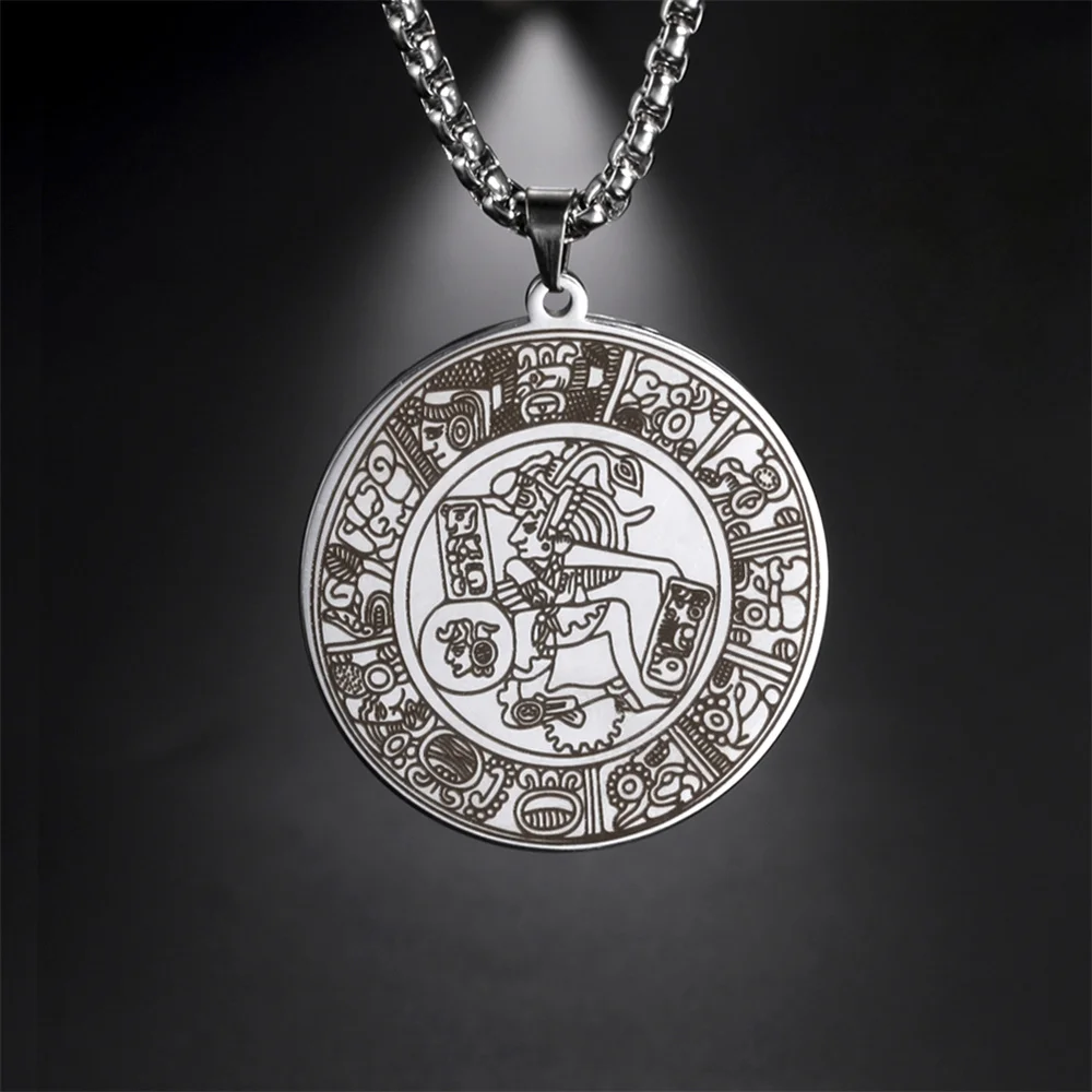 EUEAVAN Mayan Circle Mexican Hieroglyph Maya Pendant Necklace Inspiration Talisman Stainless Steel Box Chain Vintage Jewelry