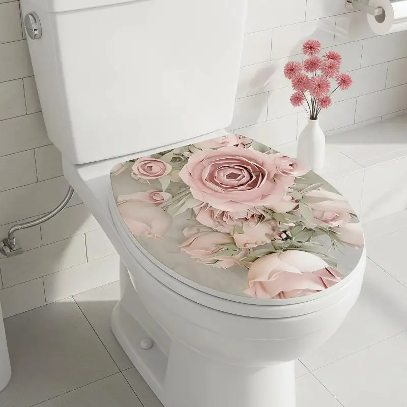 Rose Toilet Lid PVC Sticker Waterproof Self Adhesive Custom Design For Bath Decor