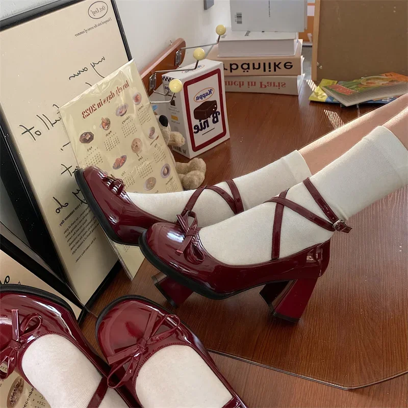 Red Mary Jane Women Pumps Thick High Heels Shoes Female Lolita Square Toe Shoes Spring Fashion Party Leather Woman Shoes New