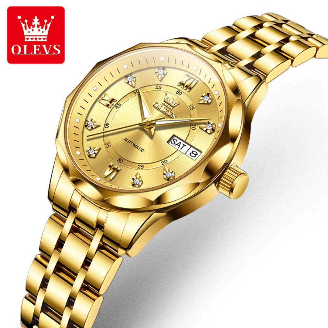 

OLEVS 6727, модные механические часы, подарок, круглый циферблат, ремешок для часов из нержавеющей стали, наручные часы с дисплеем недели, светящийся календарь