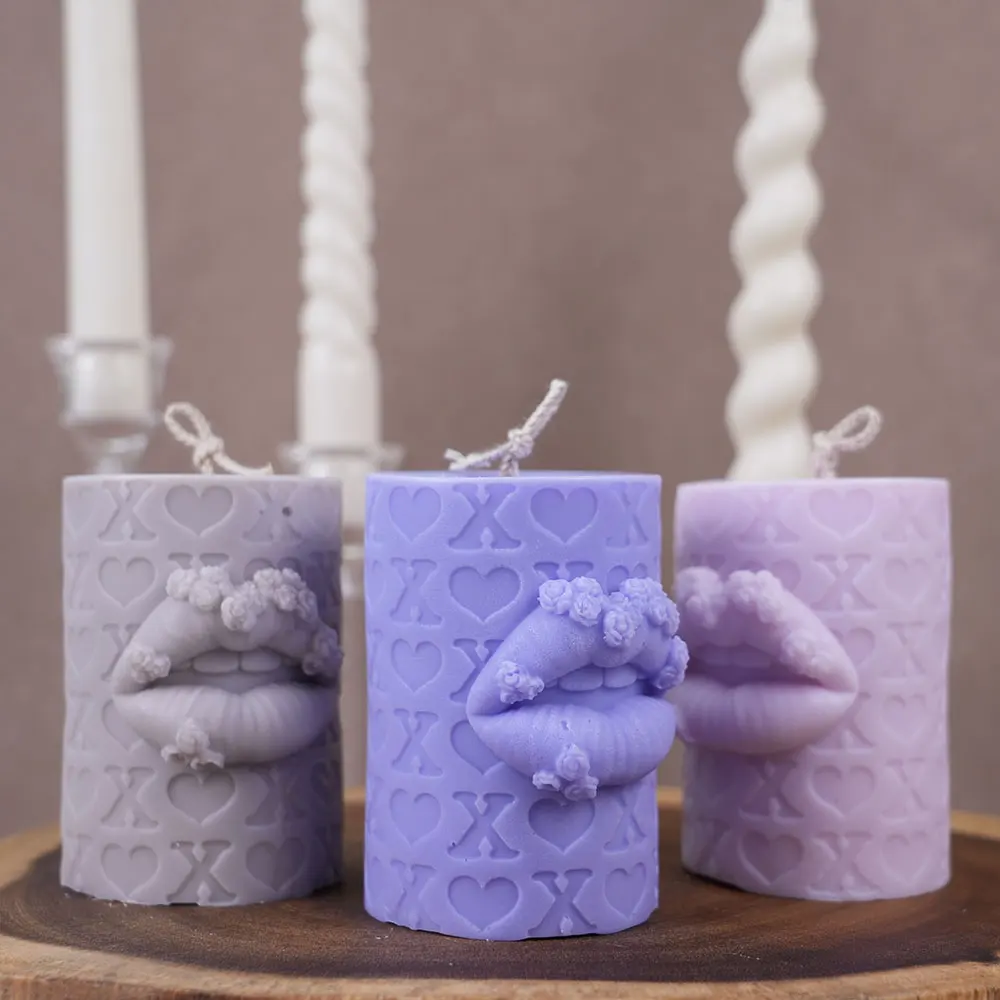 الإغاثة زهرة الشفاه شمعة قالب من السيليكون الحب إلكتروني الطباعة جولة عمود رائحة شمعة الجبس ل ضوء الشموع ديكور هدايا الزفاف